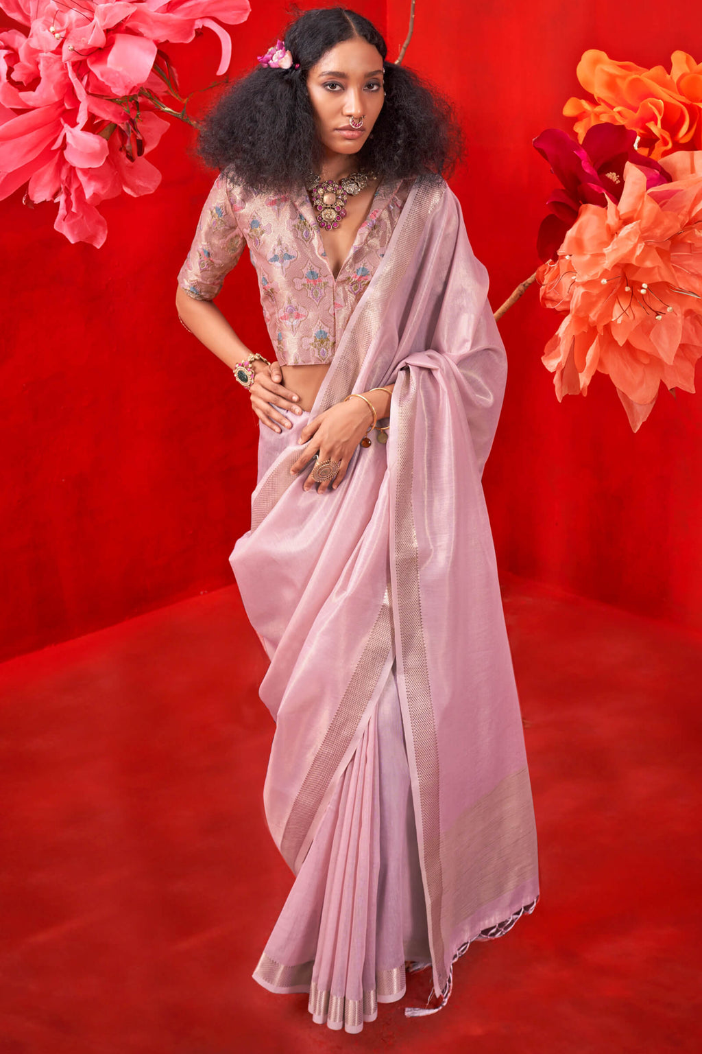 Faded Pink Zari Woven Pure Tissue Silk Saree