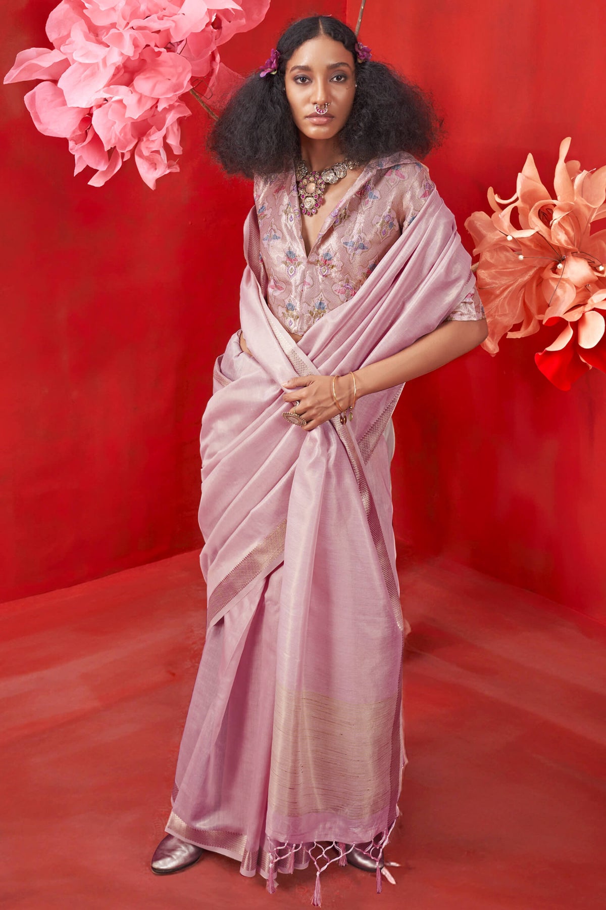 Faded Pink Zari Woven Pure Tissue Silk Saree