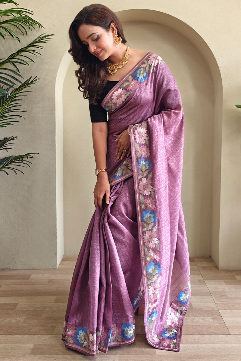 Faded Purple Contrast Color Embroidered Tussar Silk Saree