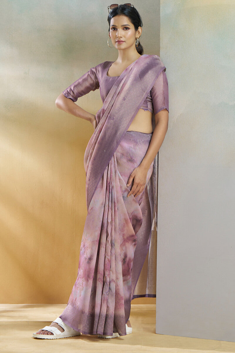 Falcon Lavender Digital Printed Khadi Silk Saree