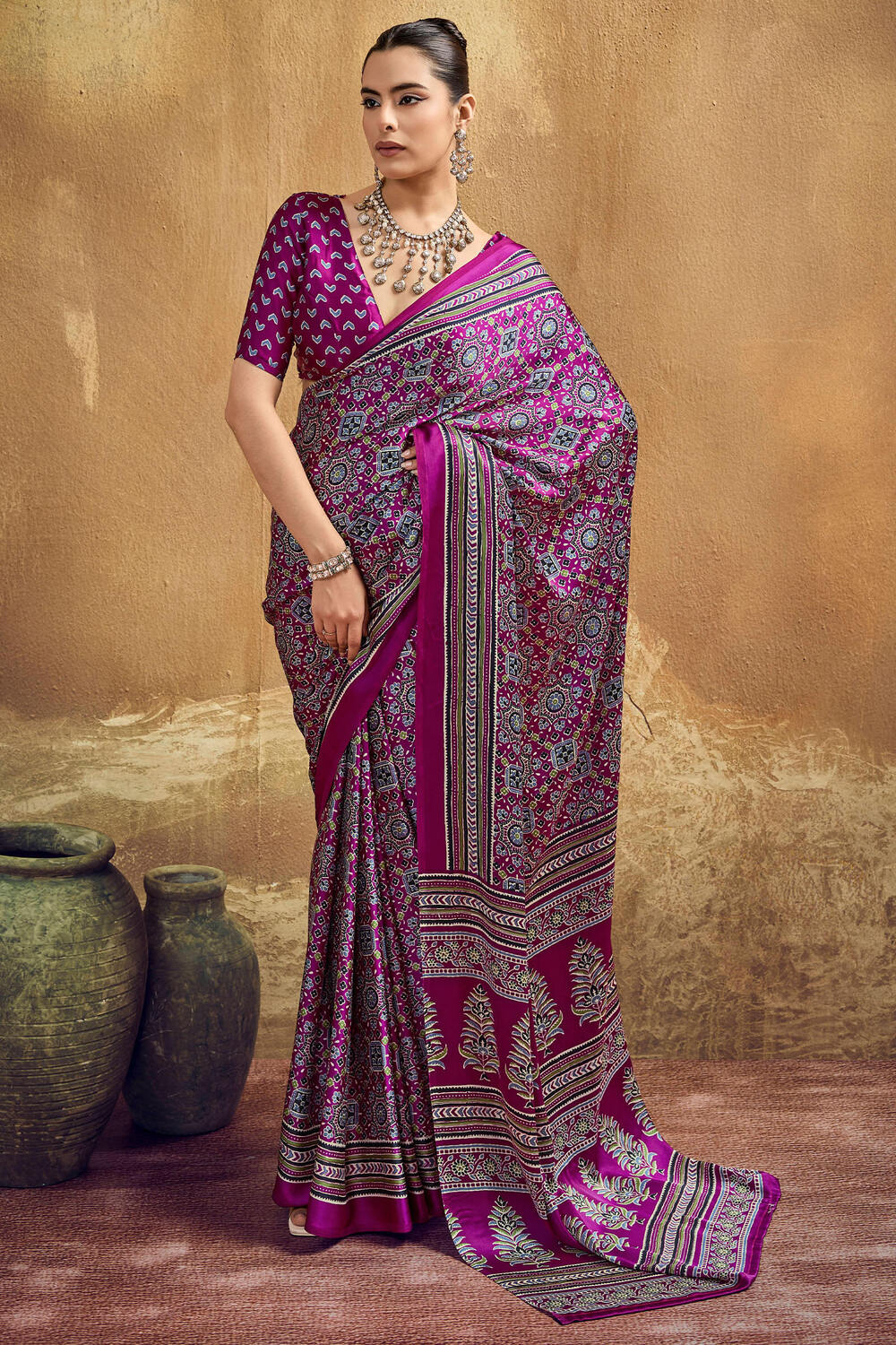 Fandango Purple Ajrakh Printed Satin Silk Saree