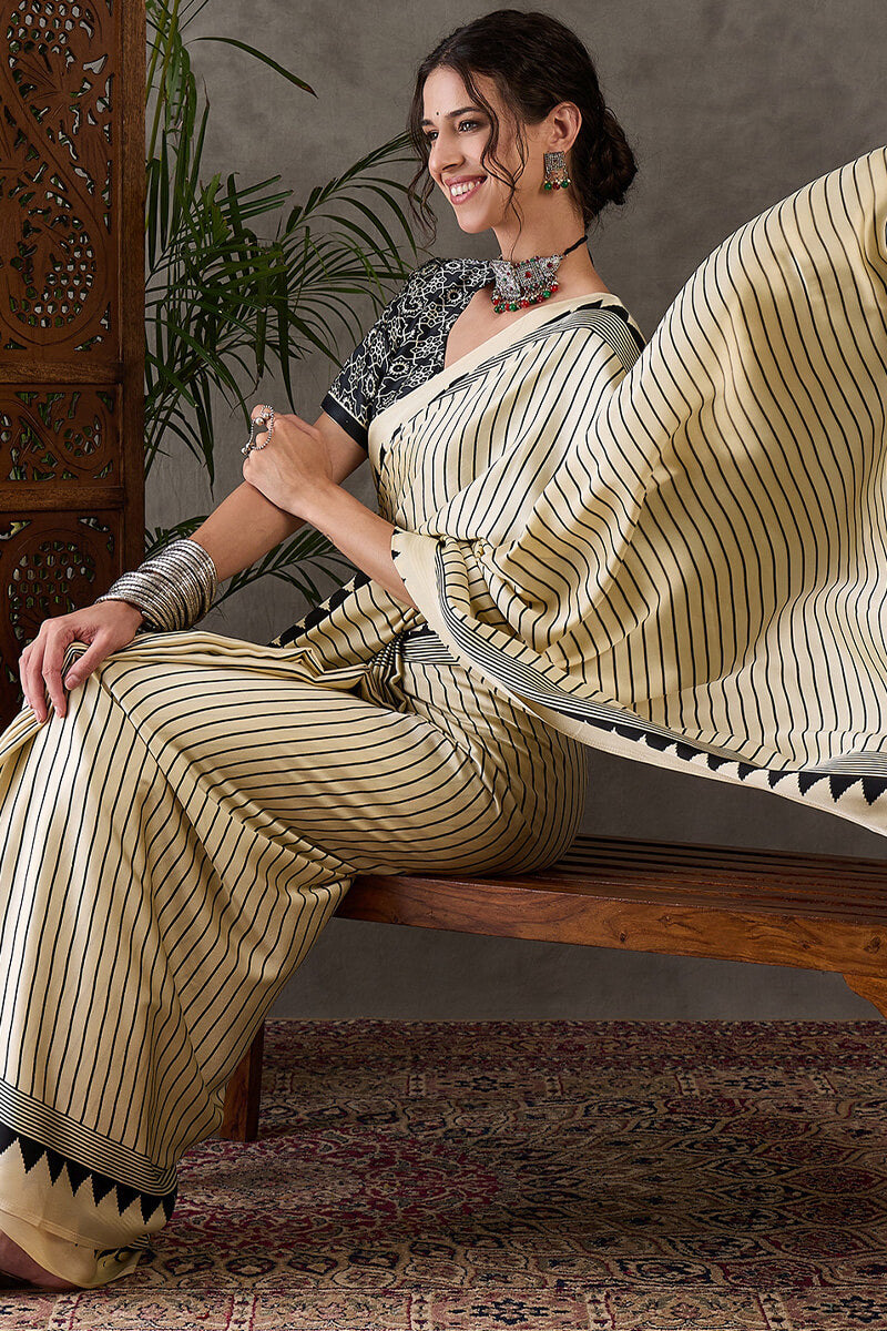 Fawn Beige Ajrakh Printed Satin Silk Saree