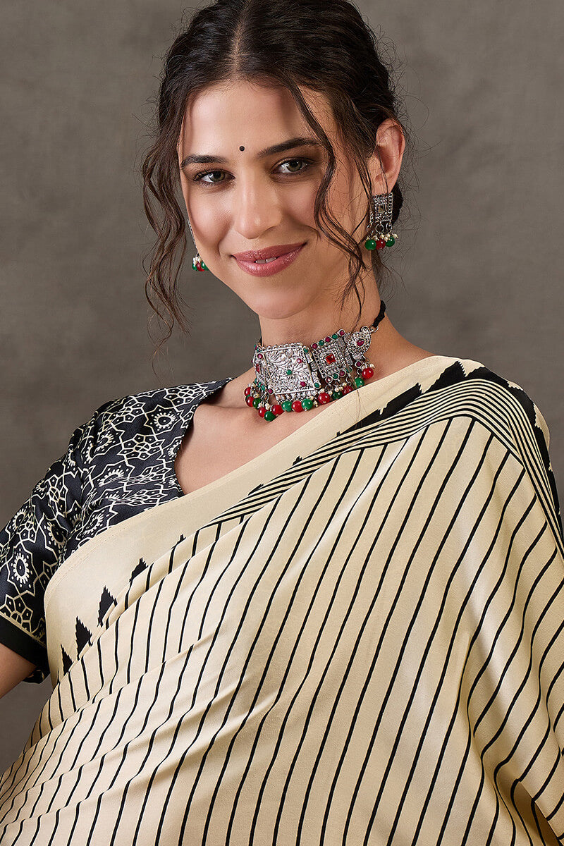 Fawn Beige Ajrakh Printed Satin Silk Saree