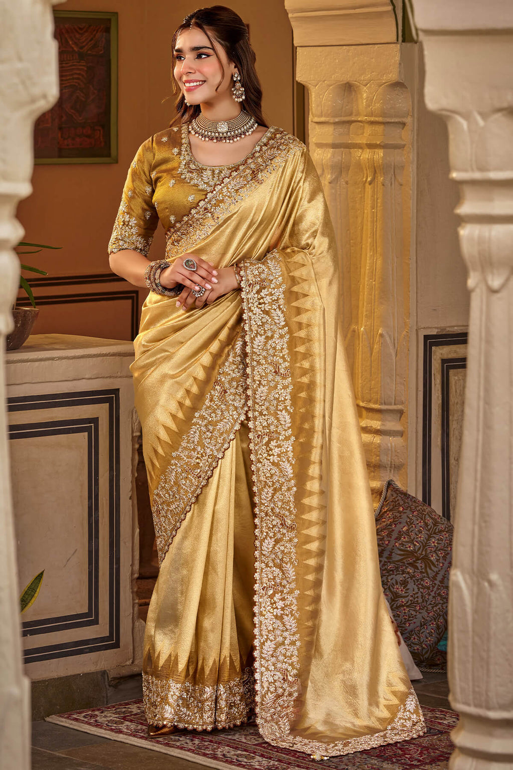 Fawn Beige Hand Work Viscose Saree with Stiched Blouse