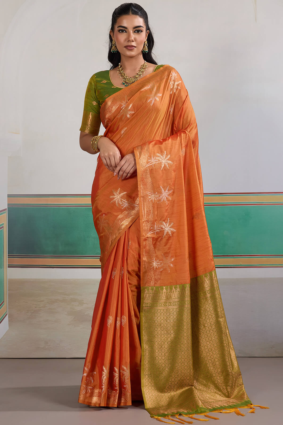 Fiery Orange Banarasi Tussar Silk Saree