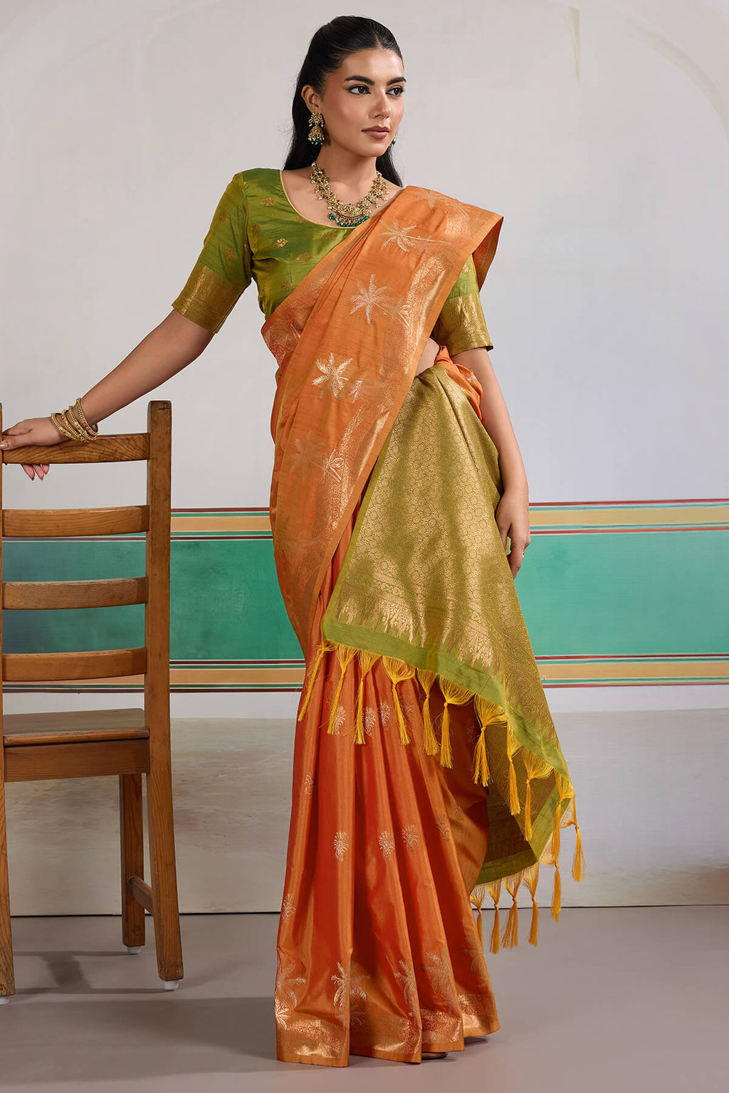 Fiery Orange Banarasi Tussar Silk Saree