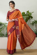 Fiery Orange Handloom Banarasi Silk Saree