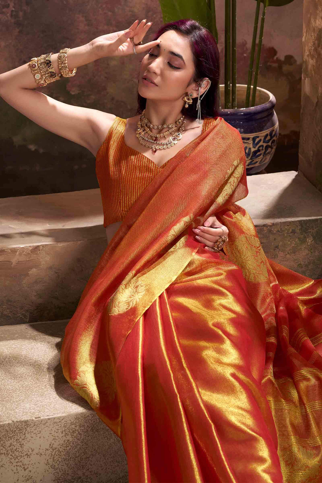 Fiery Orange Tissue Silk Saree