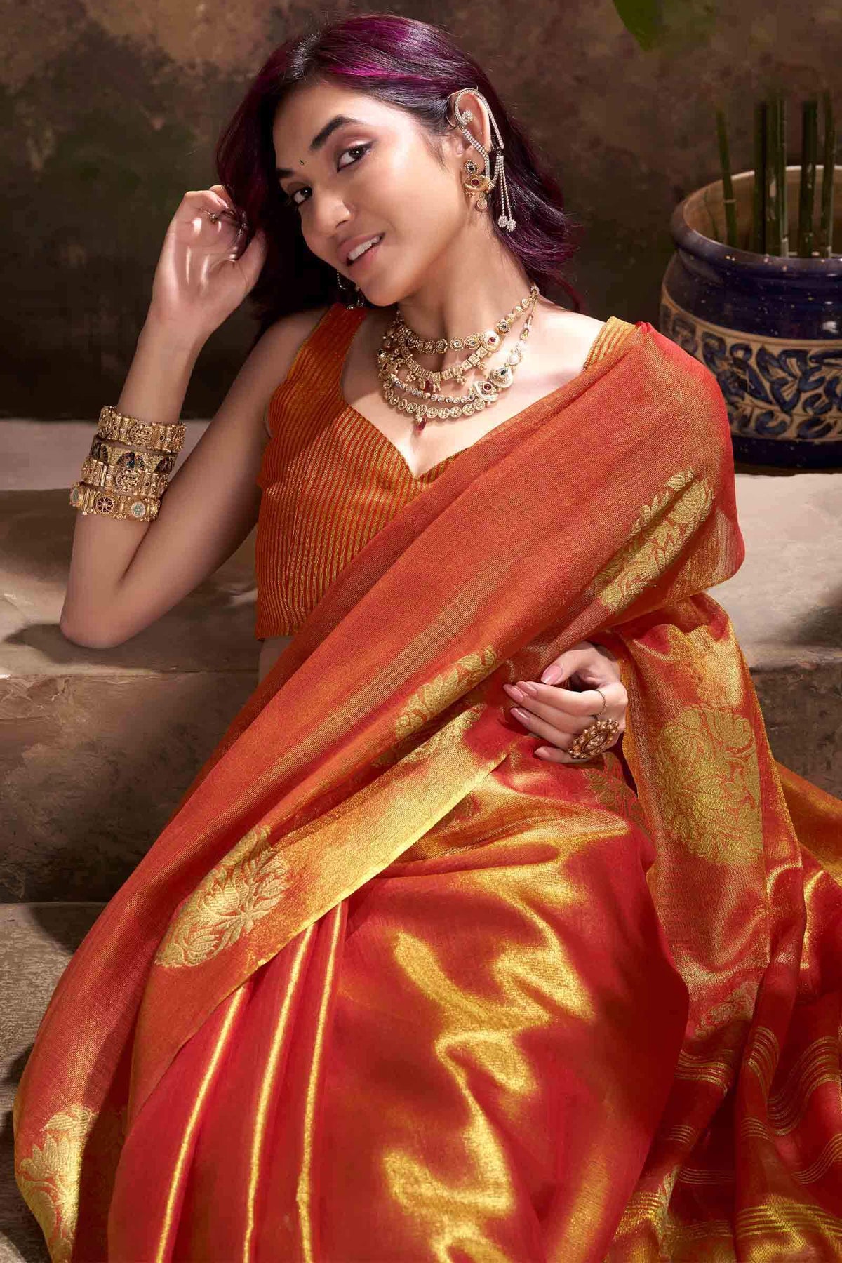 Fiery Orange Tissue Silk Saree