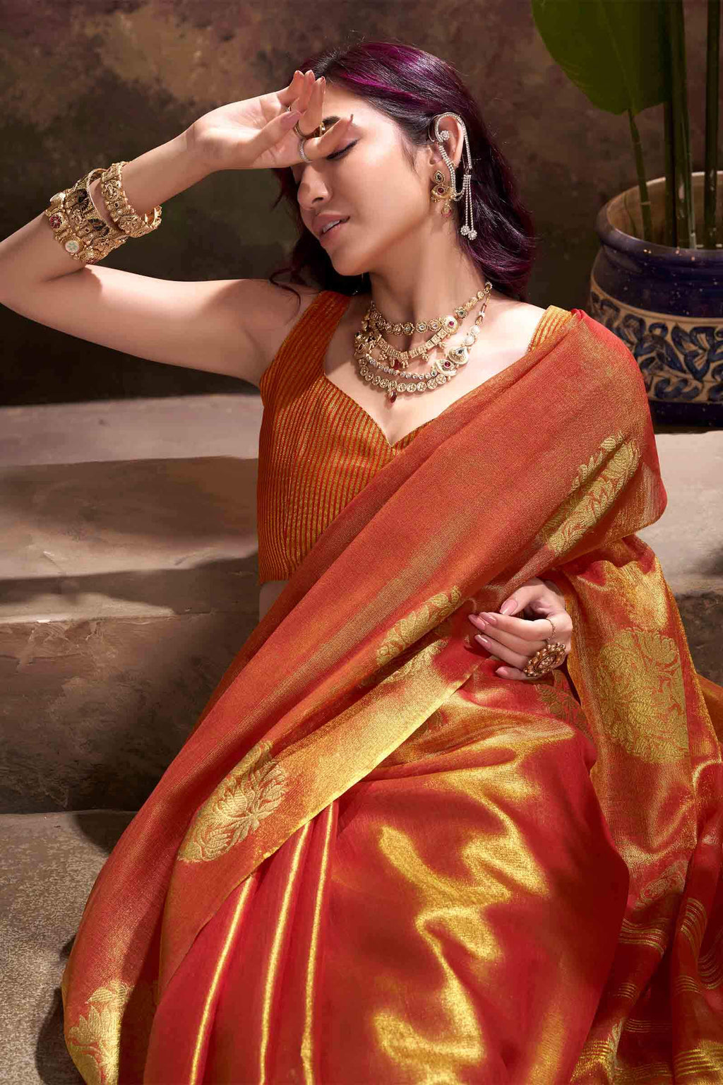 Fiery Orange Tissue Silk Saree