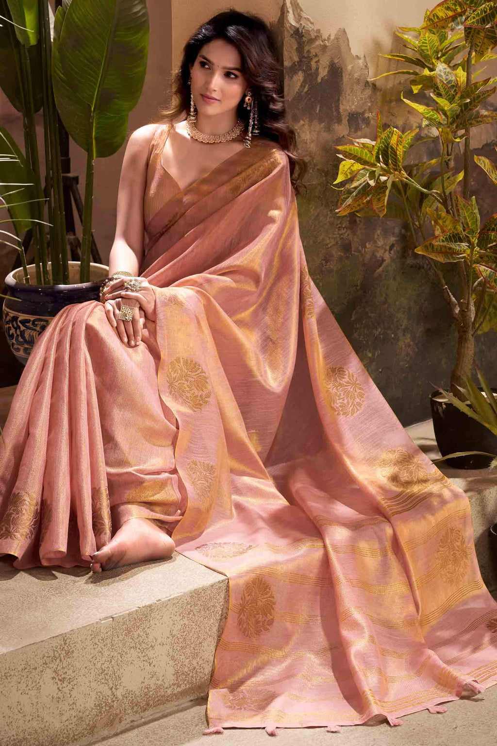 Flamingo Pink Tissue Silk Saree
