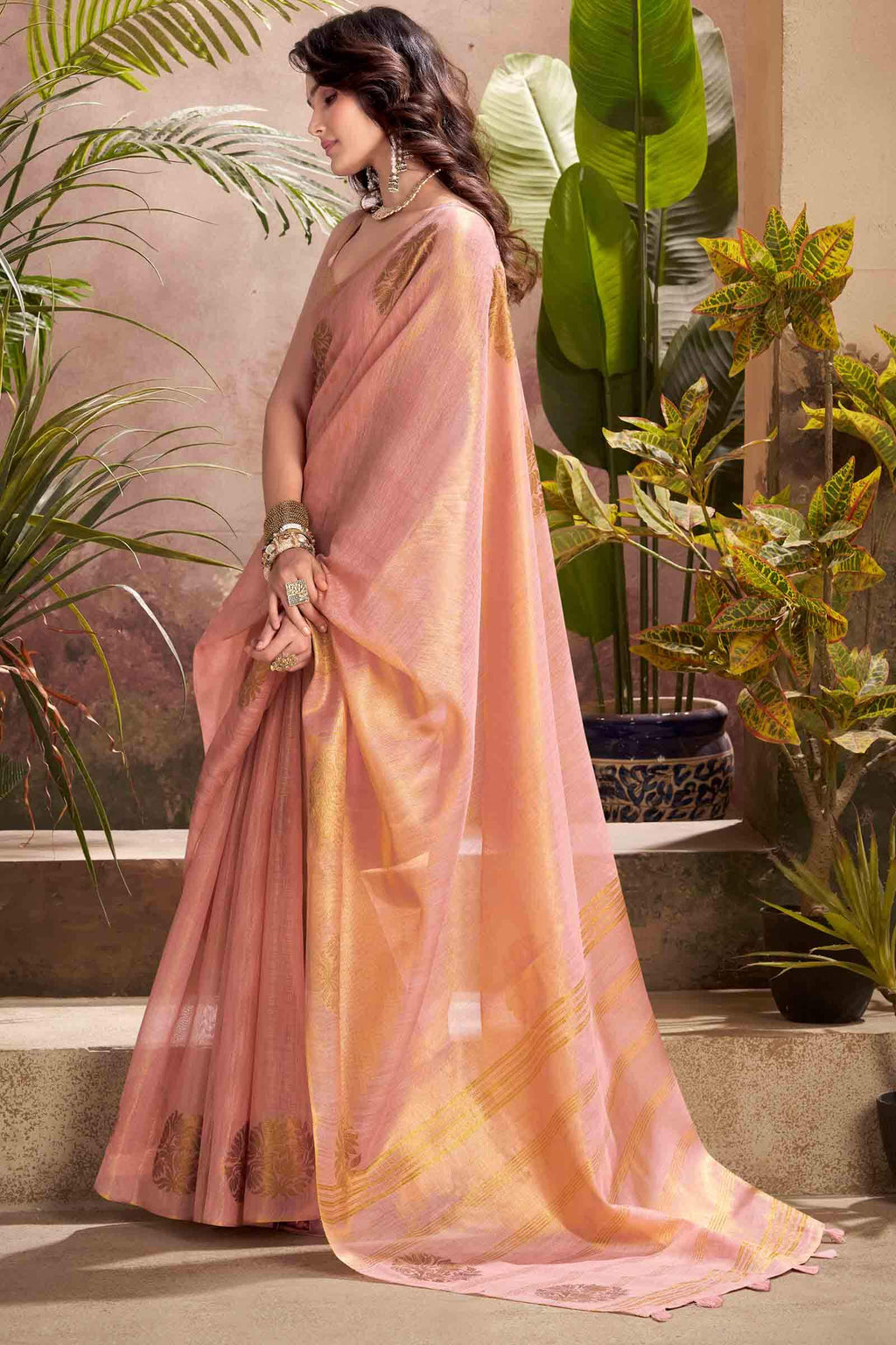 Flamingo Pink Tissue Silk Saree