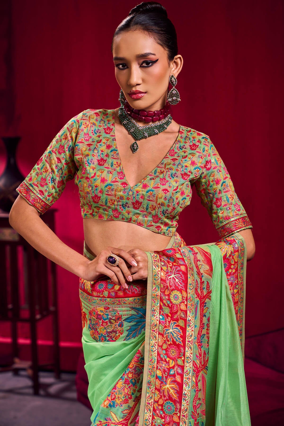 Flat Green Kashmiri Modal Pashmina Silk Saree