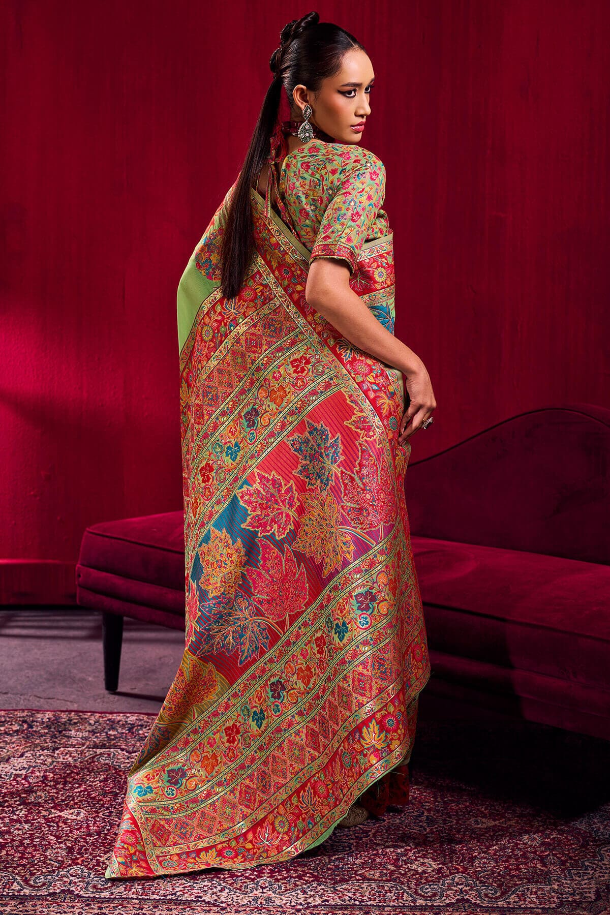 Flat Green Kashmiri Modal Pashmina Silk Saree