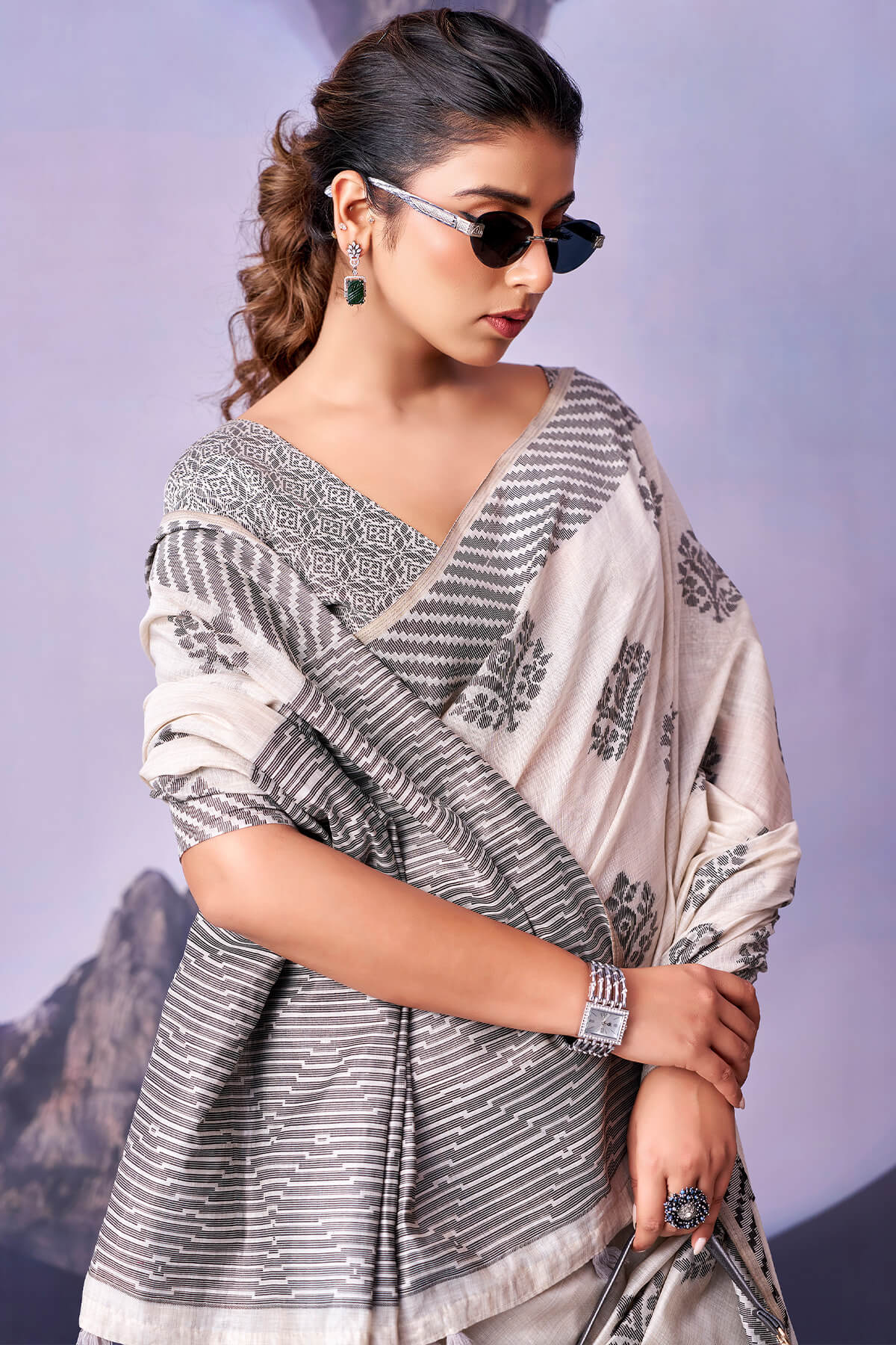 Floral White and Black Cotton Silk Saree