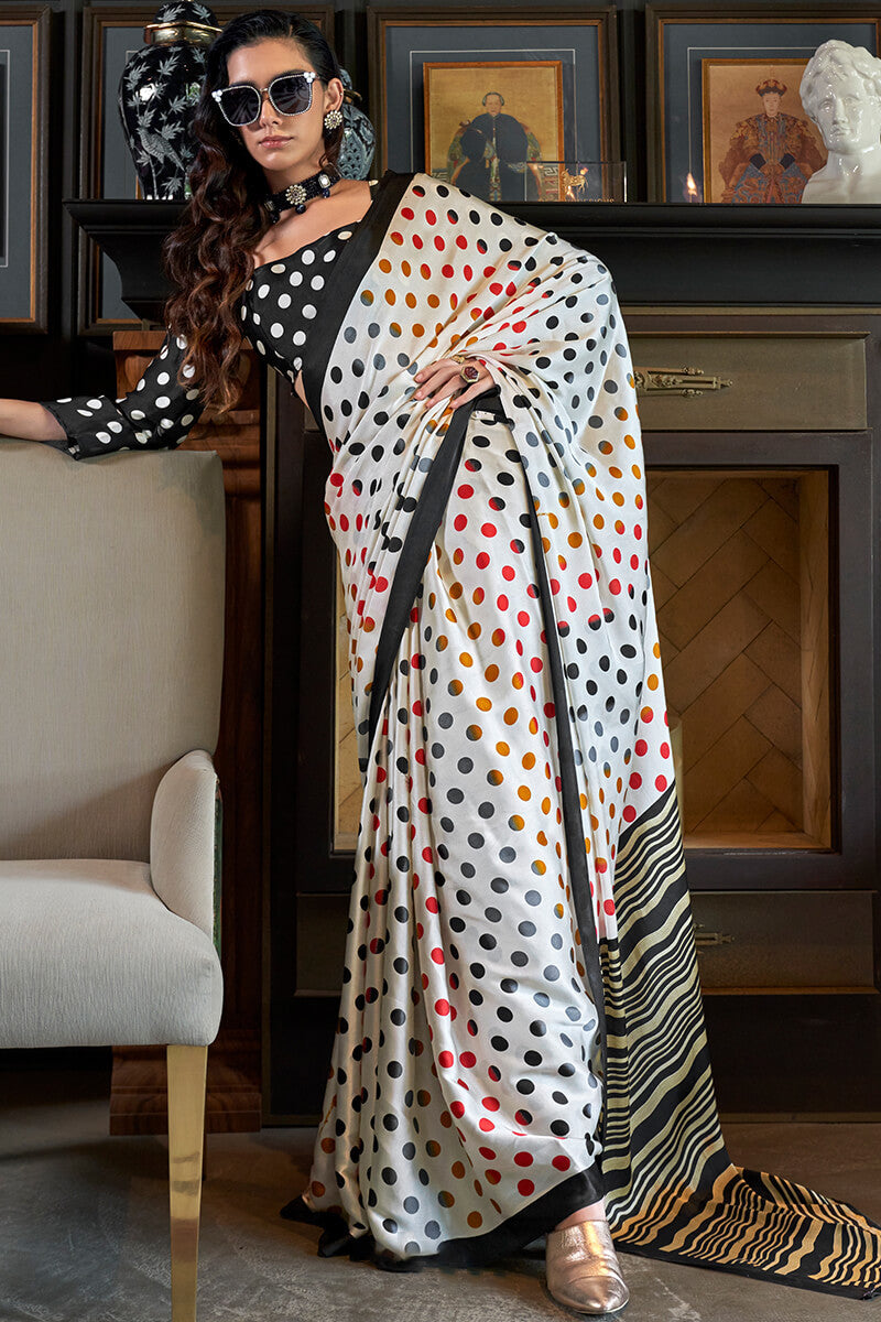 Floral White Patola Printed Satin Crepe Silk Saree