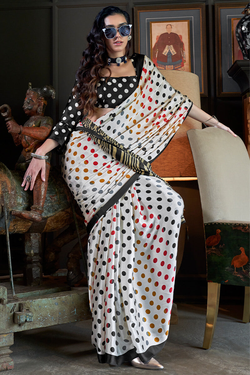 Floral White Patola Printed Satin Crepe Silk Saree