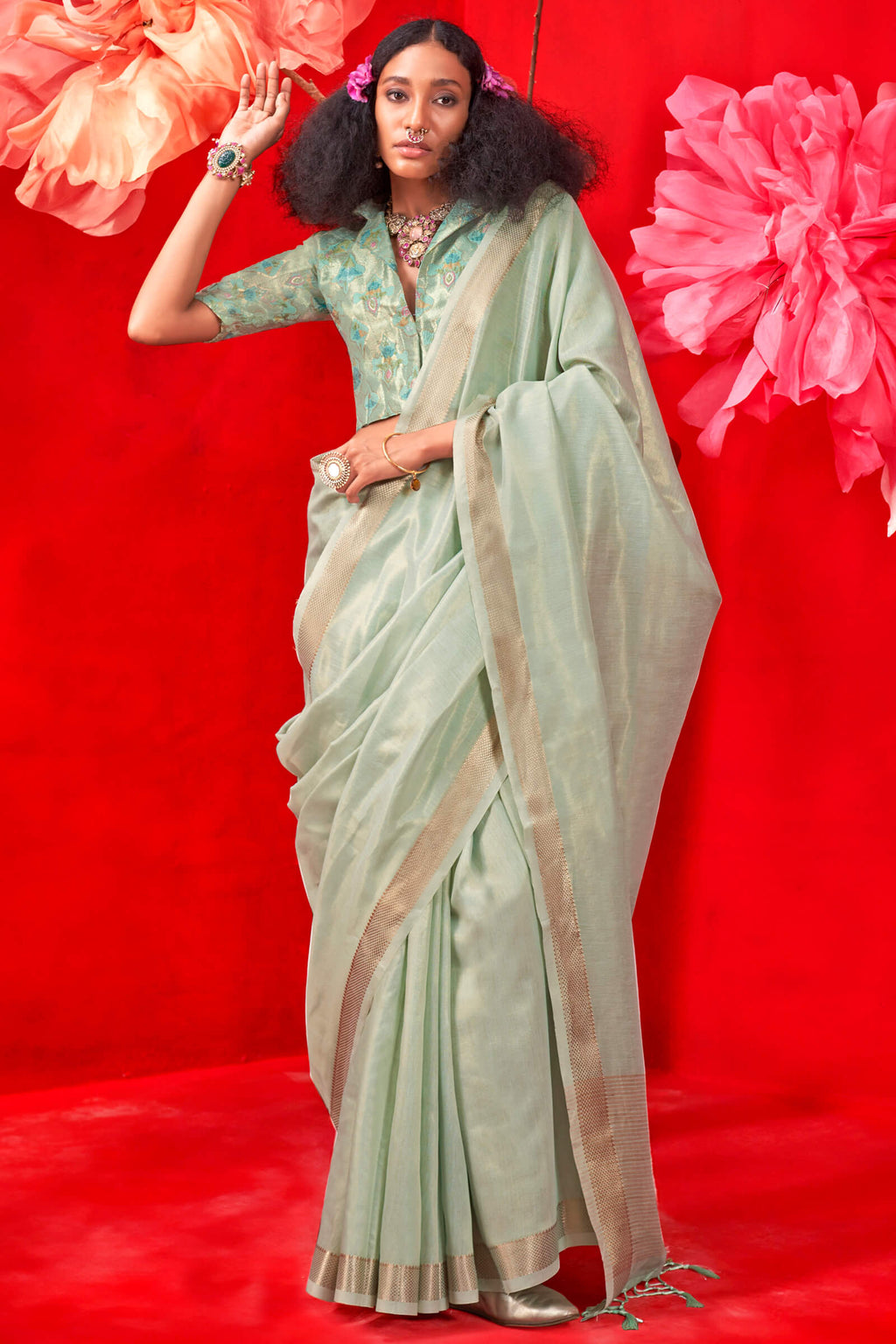 Foggy Green Zari Woven Pure Tissue Silk Saree