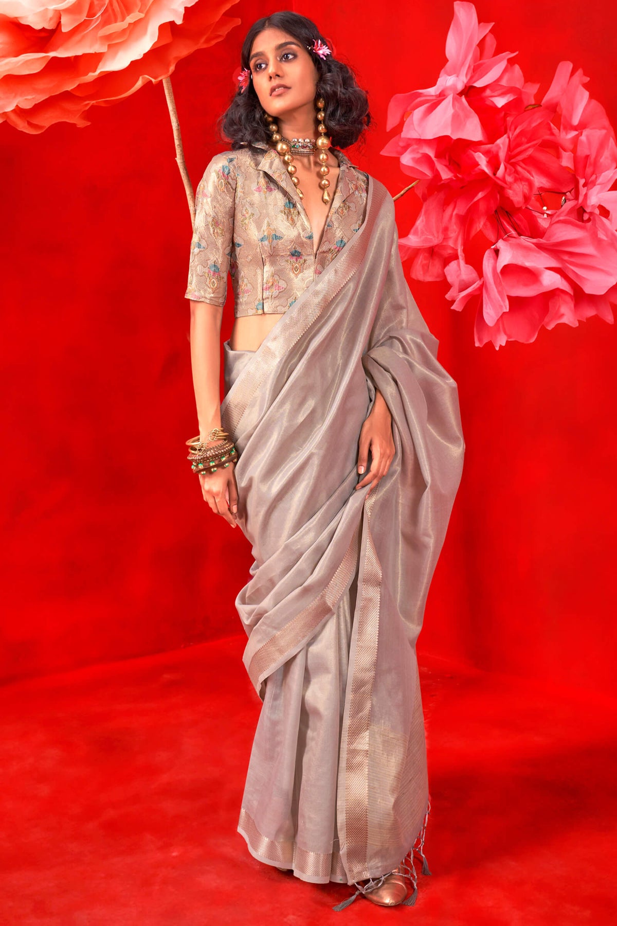 Foggy Grey Zari Woven Pure Tissue Silk Saree