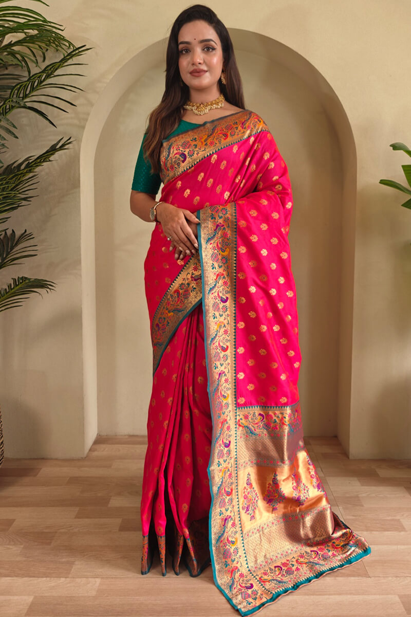 Folly Pink Zari Woven Paithani Silk Saree