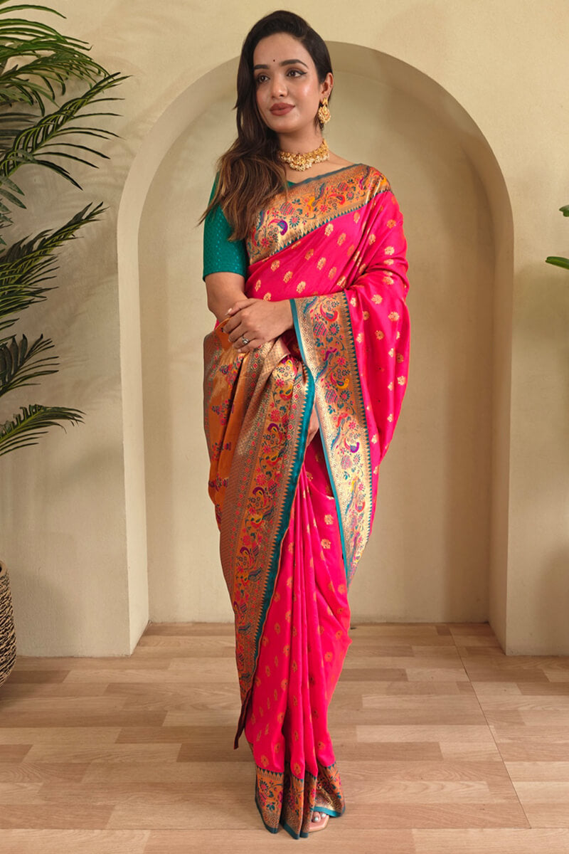 Folly Pink Zari Woven Paithani Silk Saree