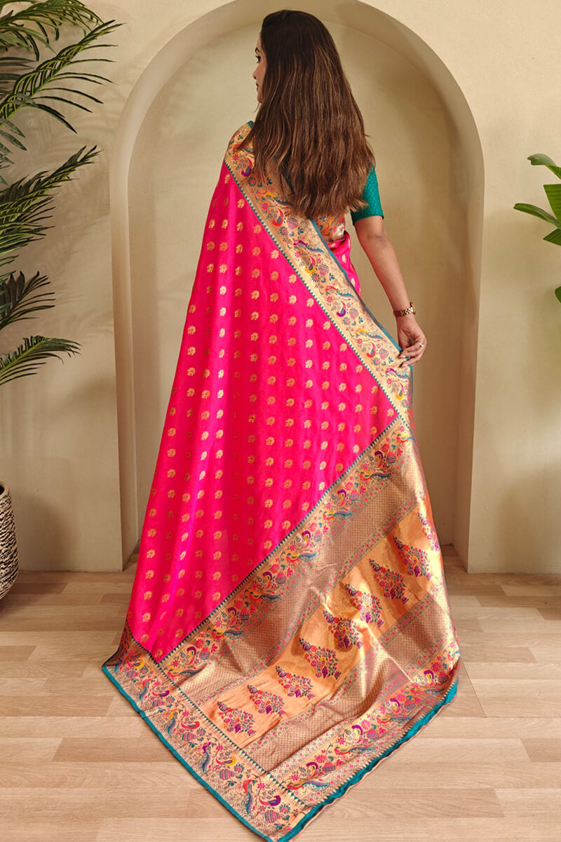 Folly Pink Zari Woven Paithani Silk Saree