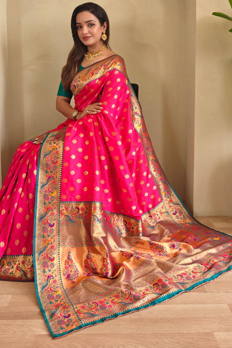 Folly Pink Zari Woven Paithani Silk Saree