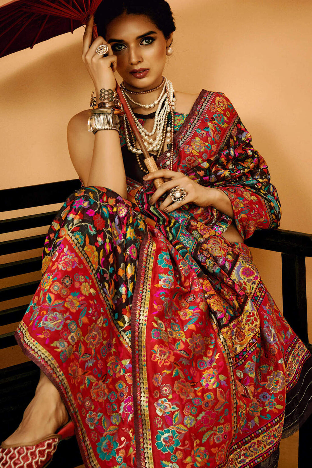 Forest Black Kashmiri Modal Pashmina Silk Saree