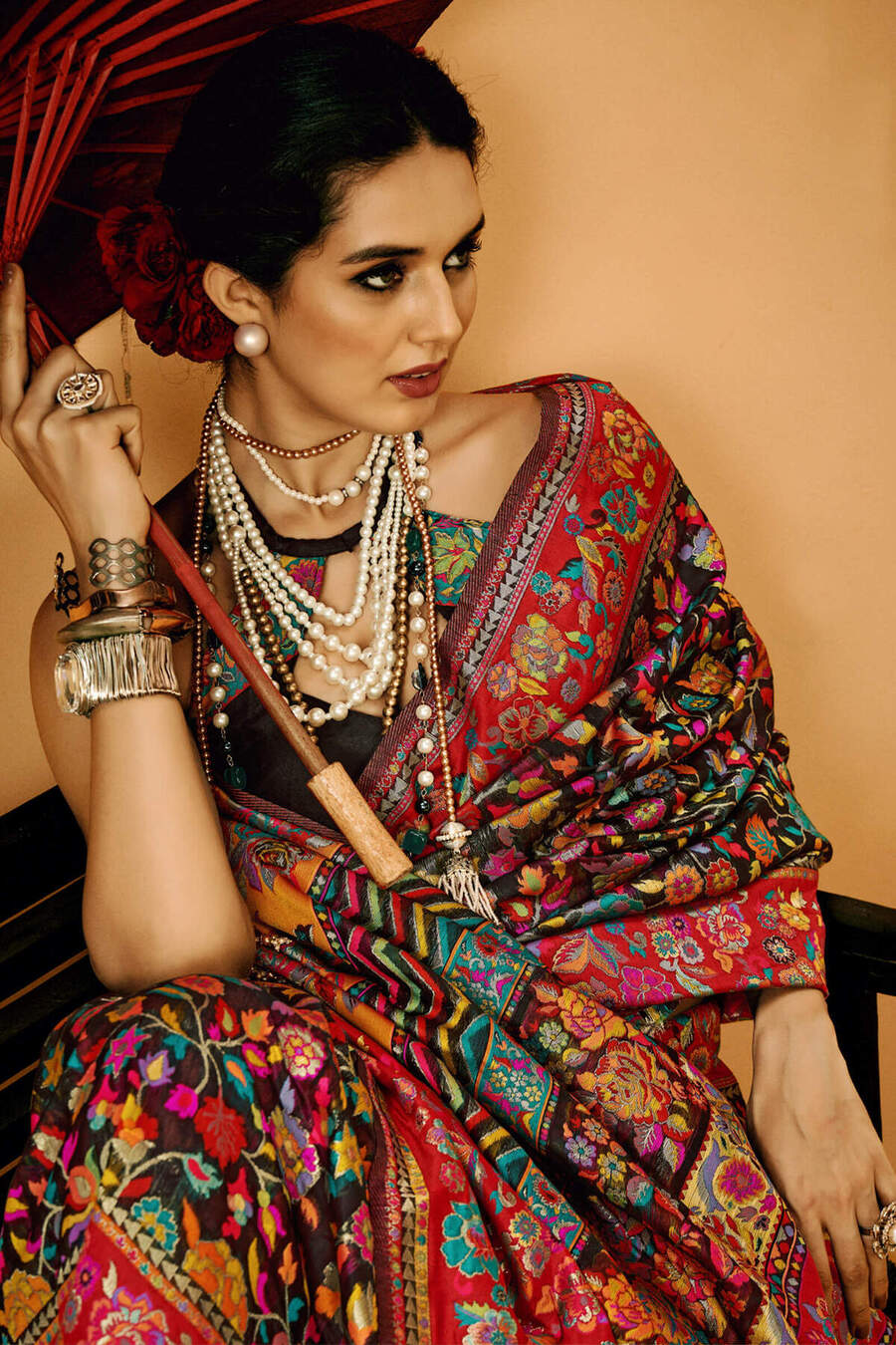 Forest Black Kashmiri Modal Pashmina Silk Saree