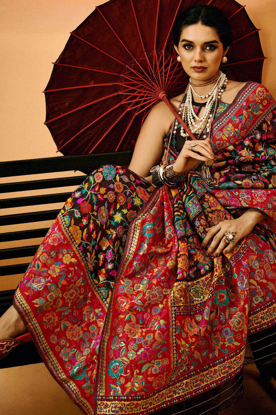 Forest Black Kashmiri Modal Pashmina Silk Saree