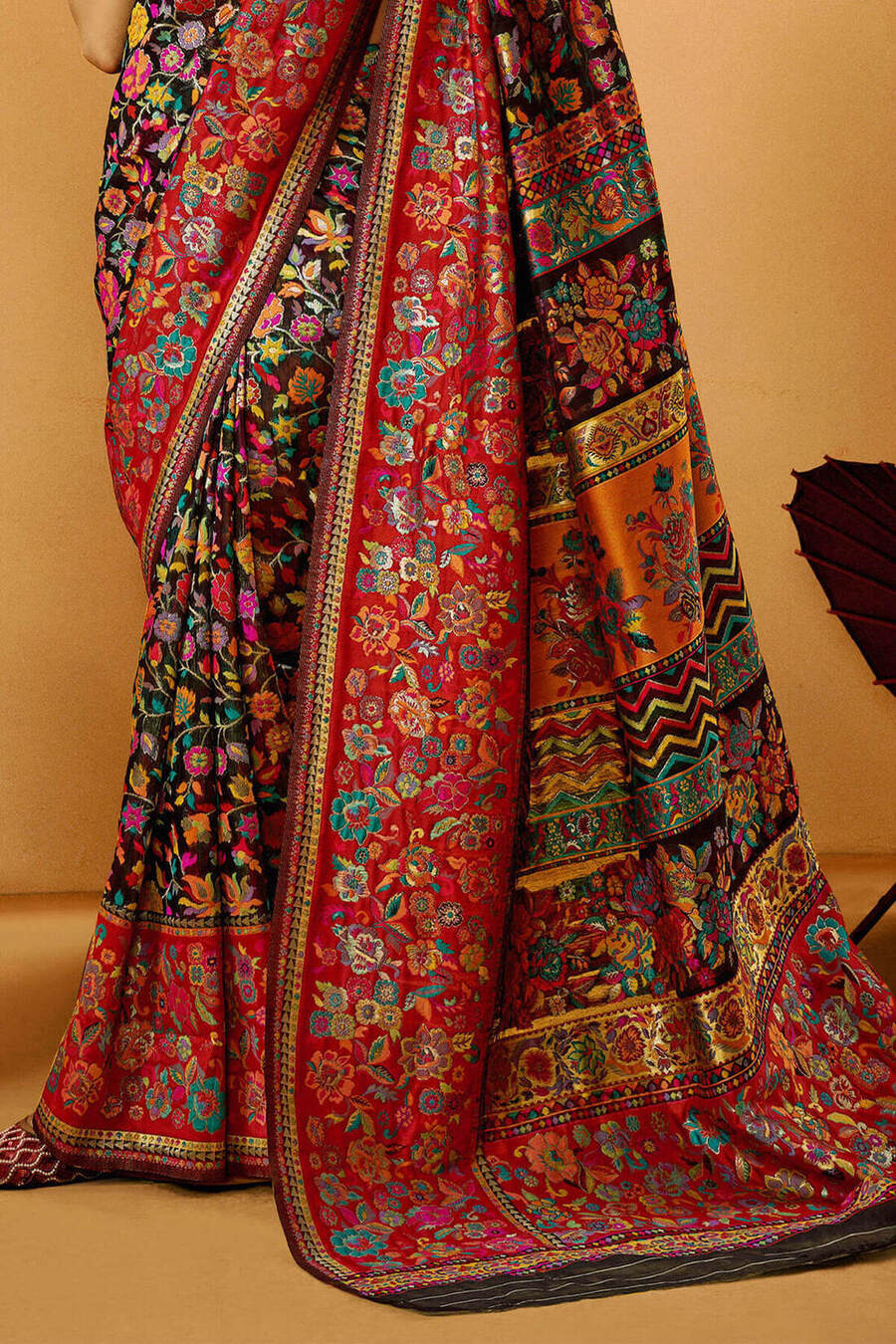 Forest Black Kashmiri Modal Pashmina Silk Saree
