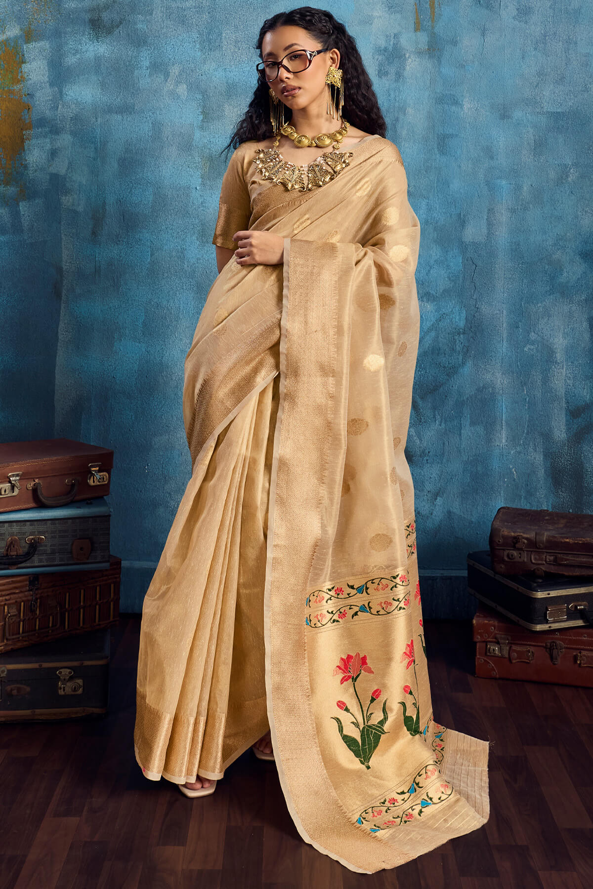 French Beige Paithani Tissue Silk Saree
