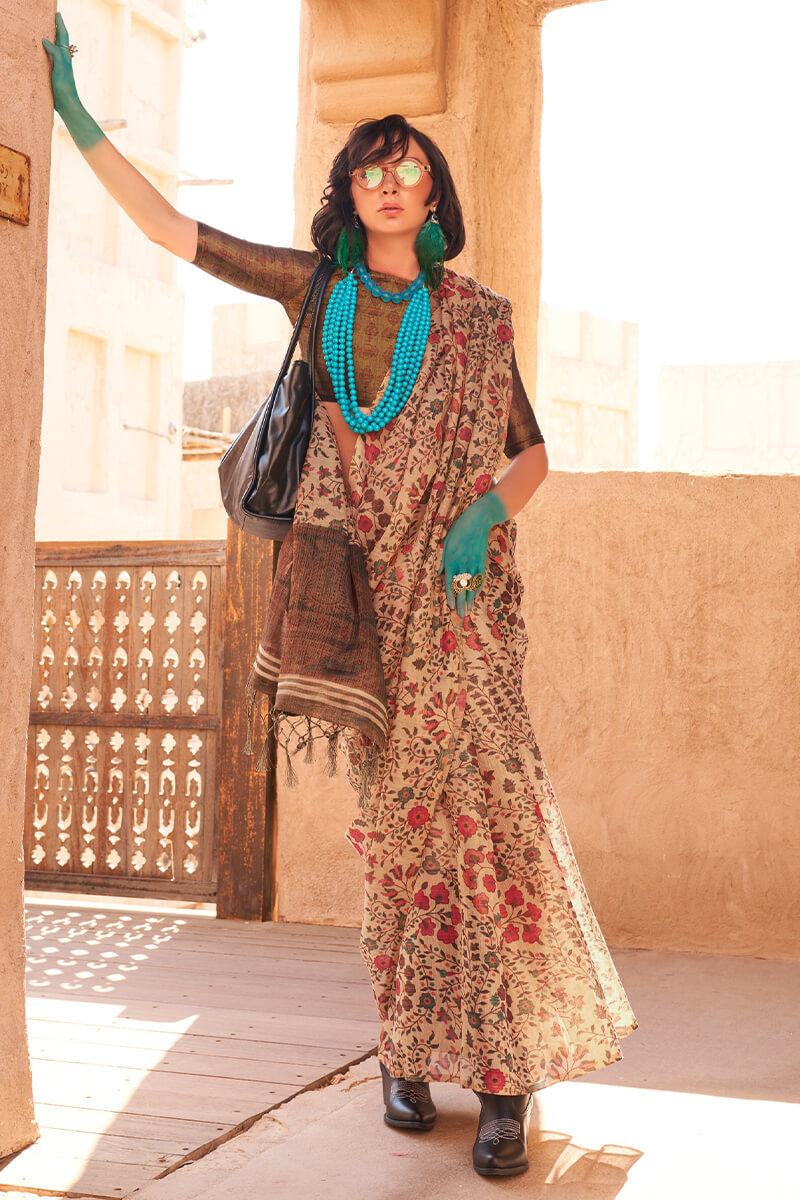 French Beige Printed Tissue Silk Saree