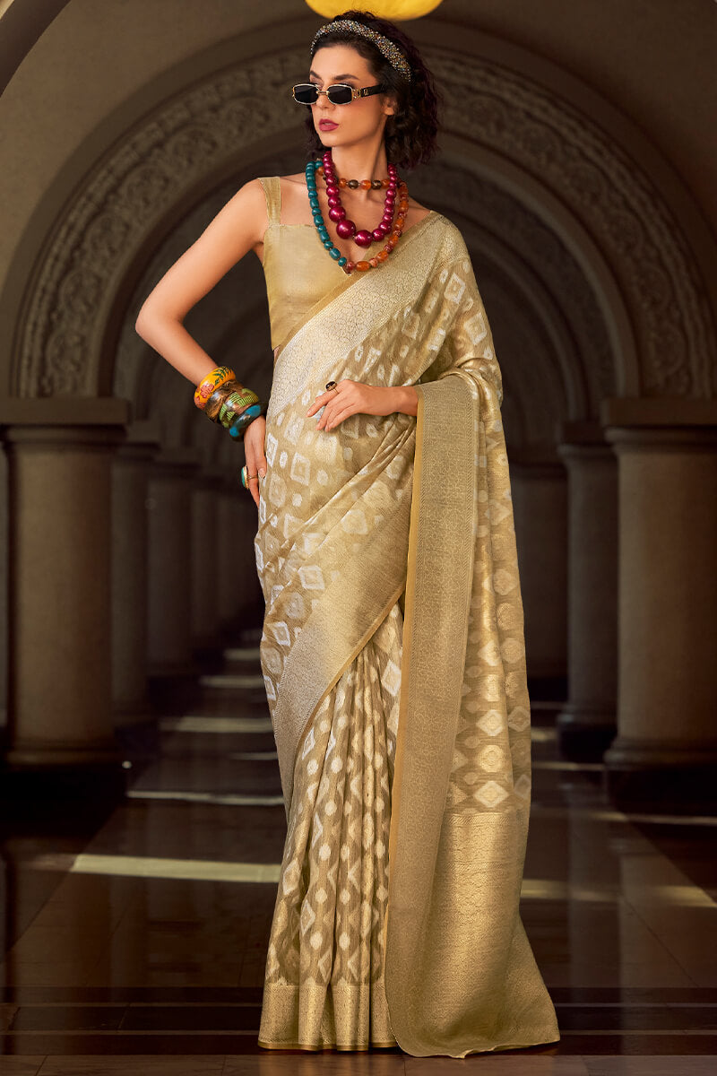 French Beige Tissue Silk Saree