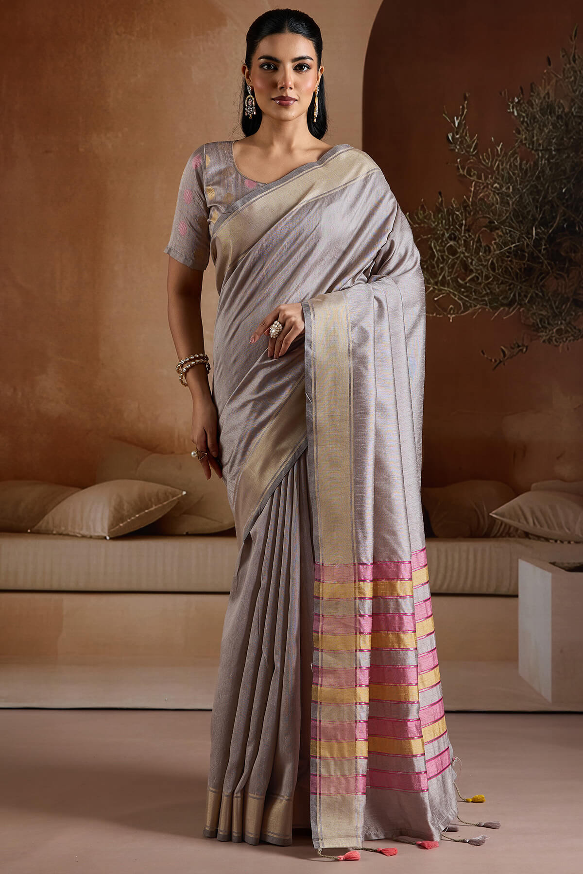 French Grey Bhagalpuri Silk Saree