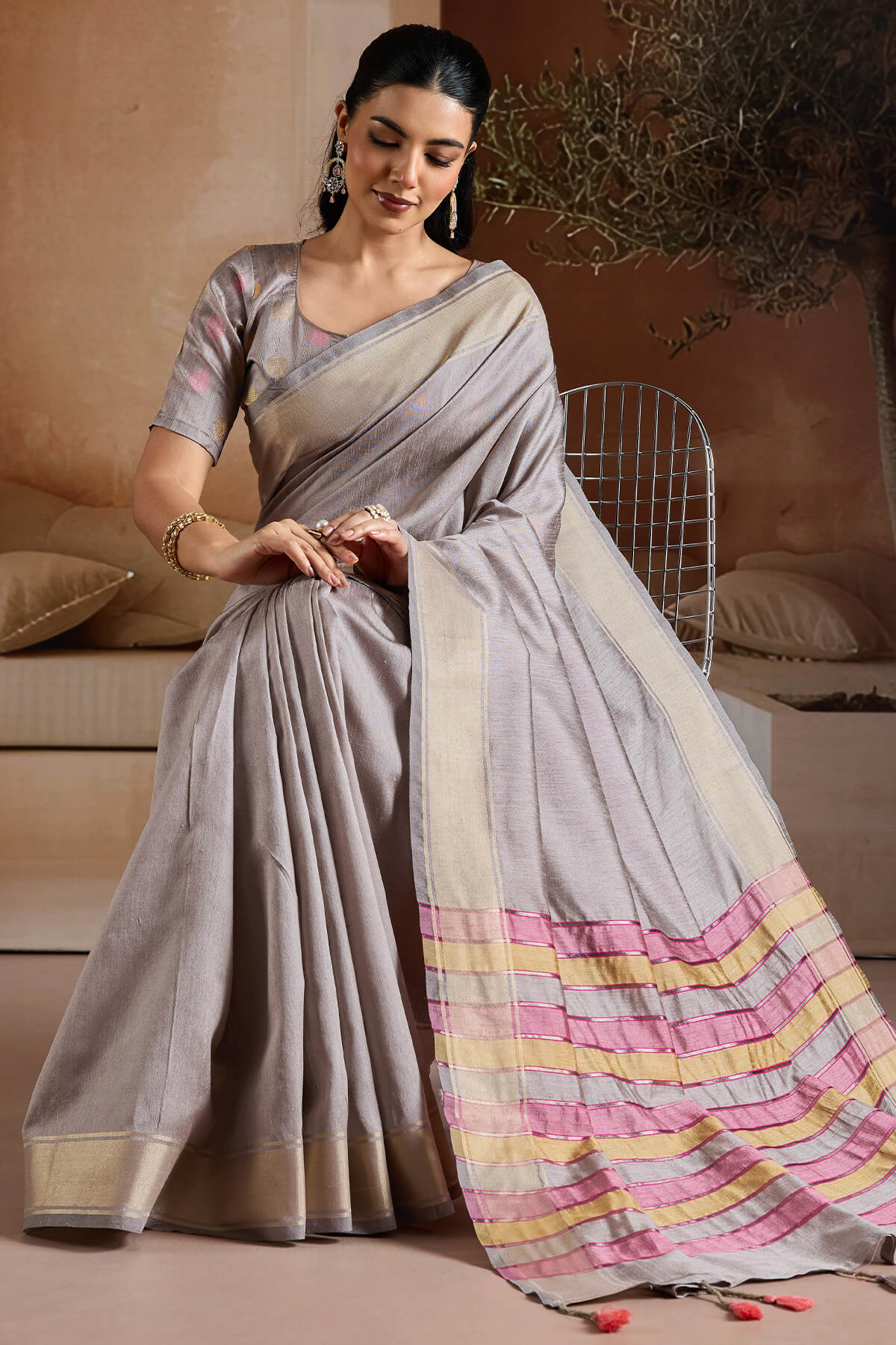 French Grey Bhagalpuri Silk Saree