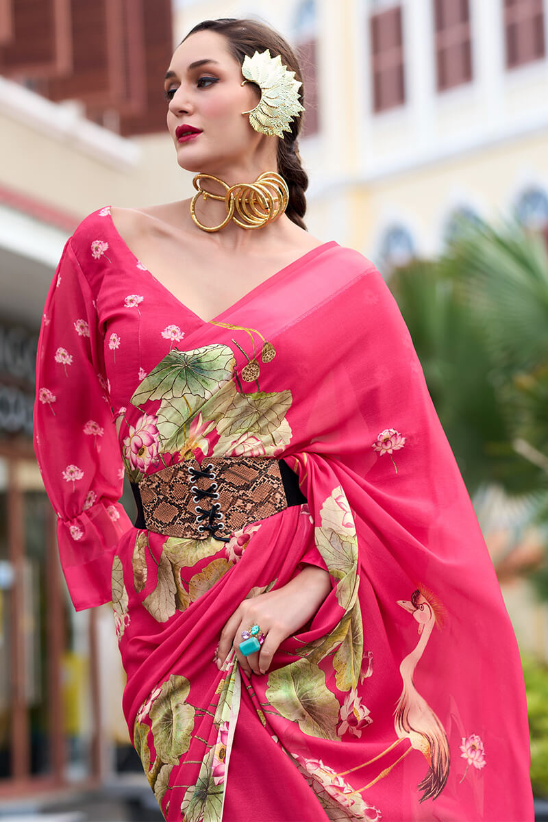 French Rose Pink Printed Georgette Silk Saree