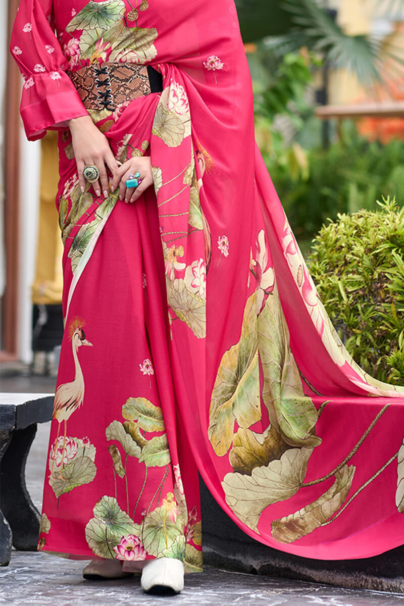 French Rose Pink Printed Georgette Silk Saree