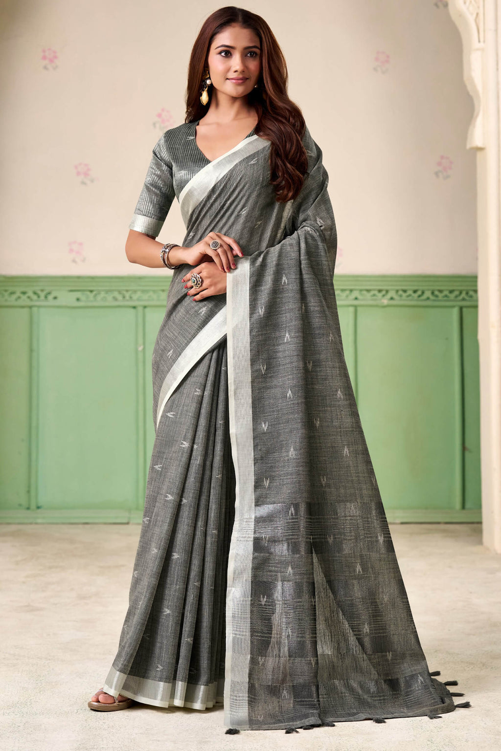 Friar Grey Linen Silk Saree