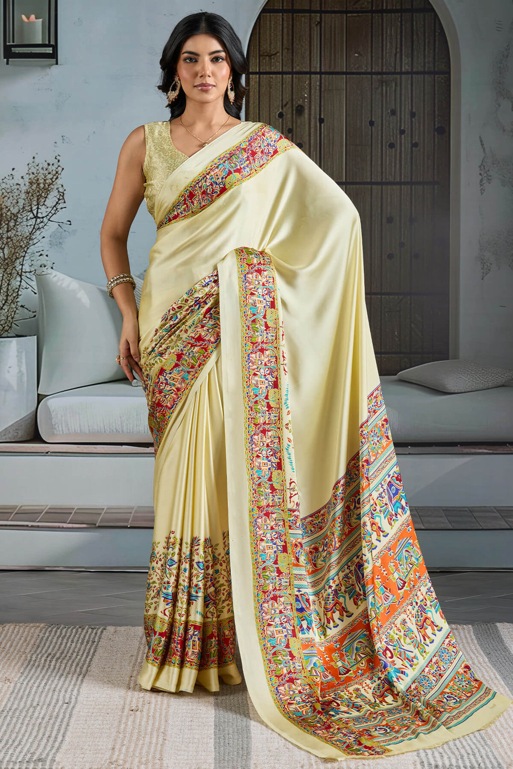 Frost Beige Ajrakh Printed Satin Silk Saree