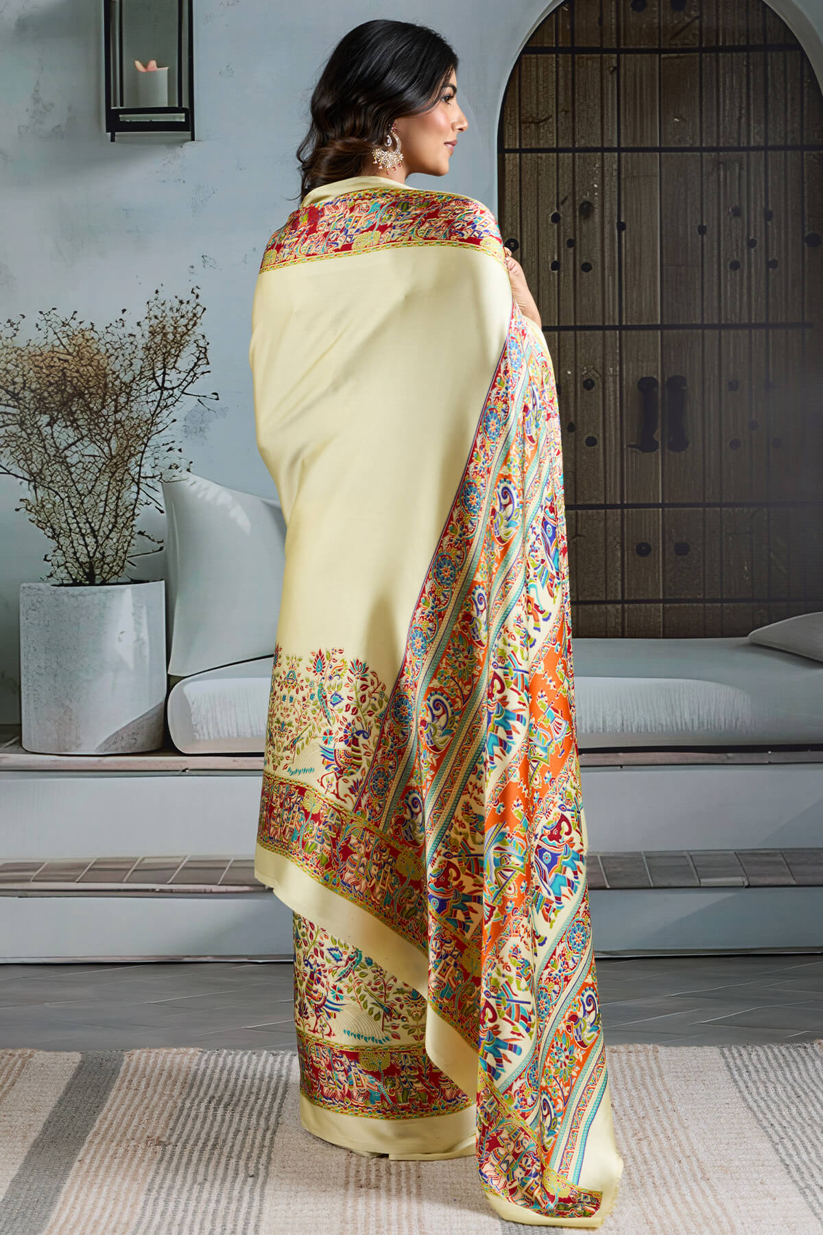 Frost Beige Ajrakh Printed Satin Silk Saree