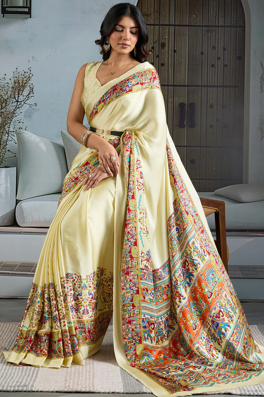 Frost Beige Ajrakh Printed Satin Silk Saree