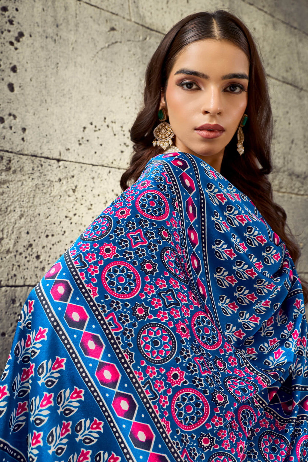 Fun Blue Ajrakh Printed Semi Modal Satin Silk Saree