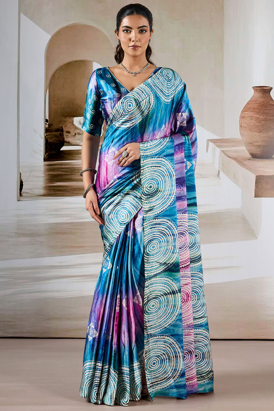 Fun Blue Hand Prism Printed Satin Silk Saree