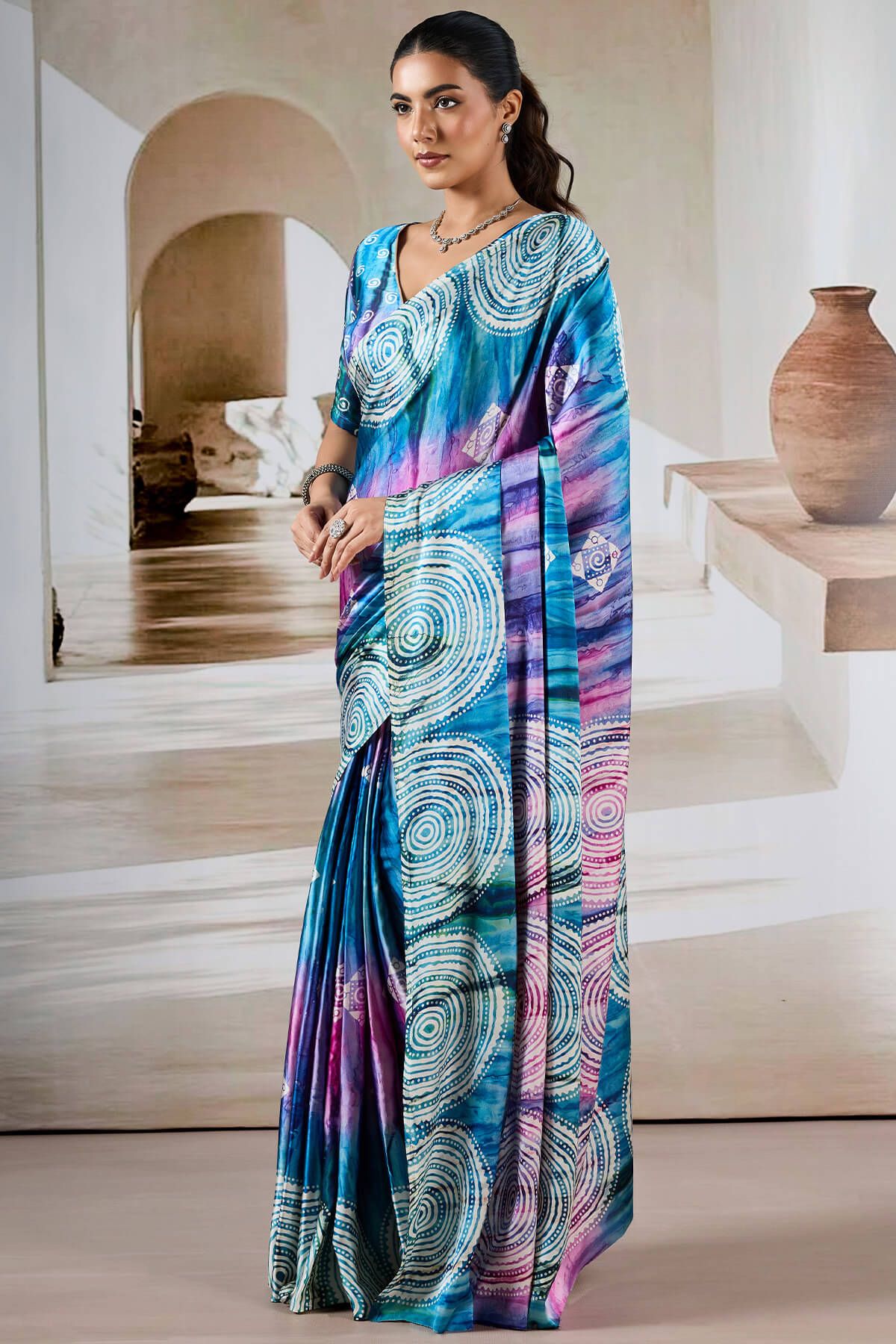 Fun Blue Hand Prism Printed Satin Silk Saree