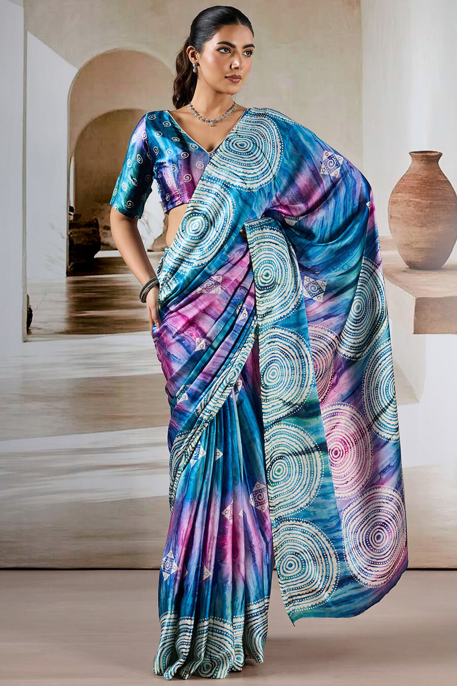 Fun Blue Hand Prism Printed Satin Silk Saree