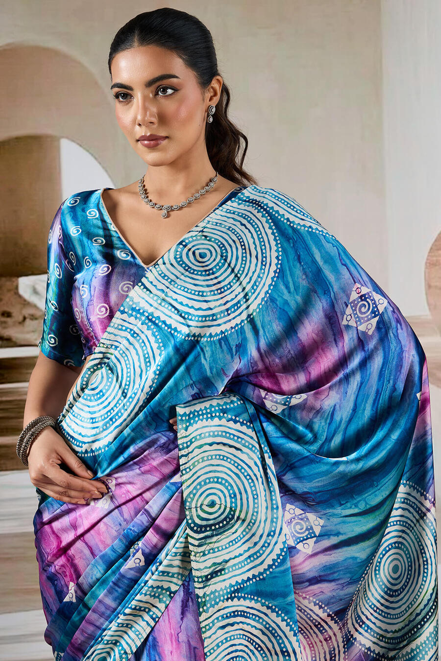 Fun Blue Hand Prism Printed Satin Silk Saree