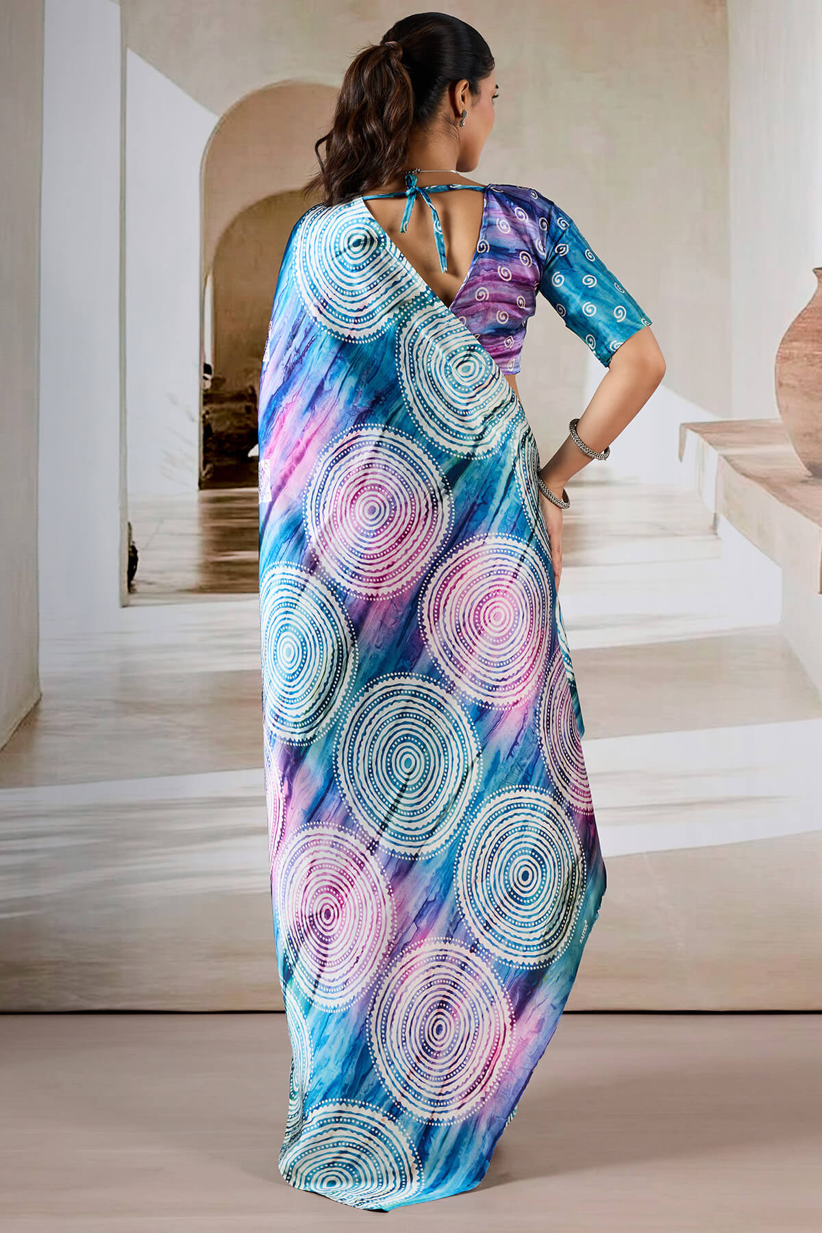 Fun Blue Hand Prism Printed Satin Silk Saree