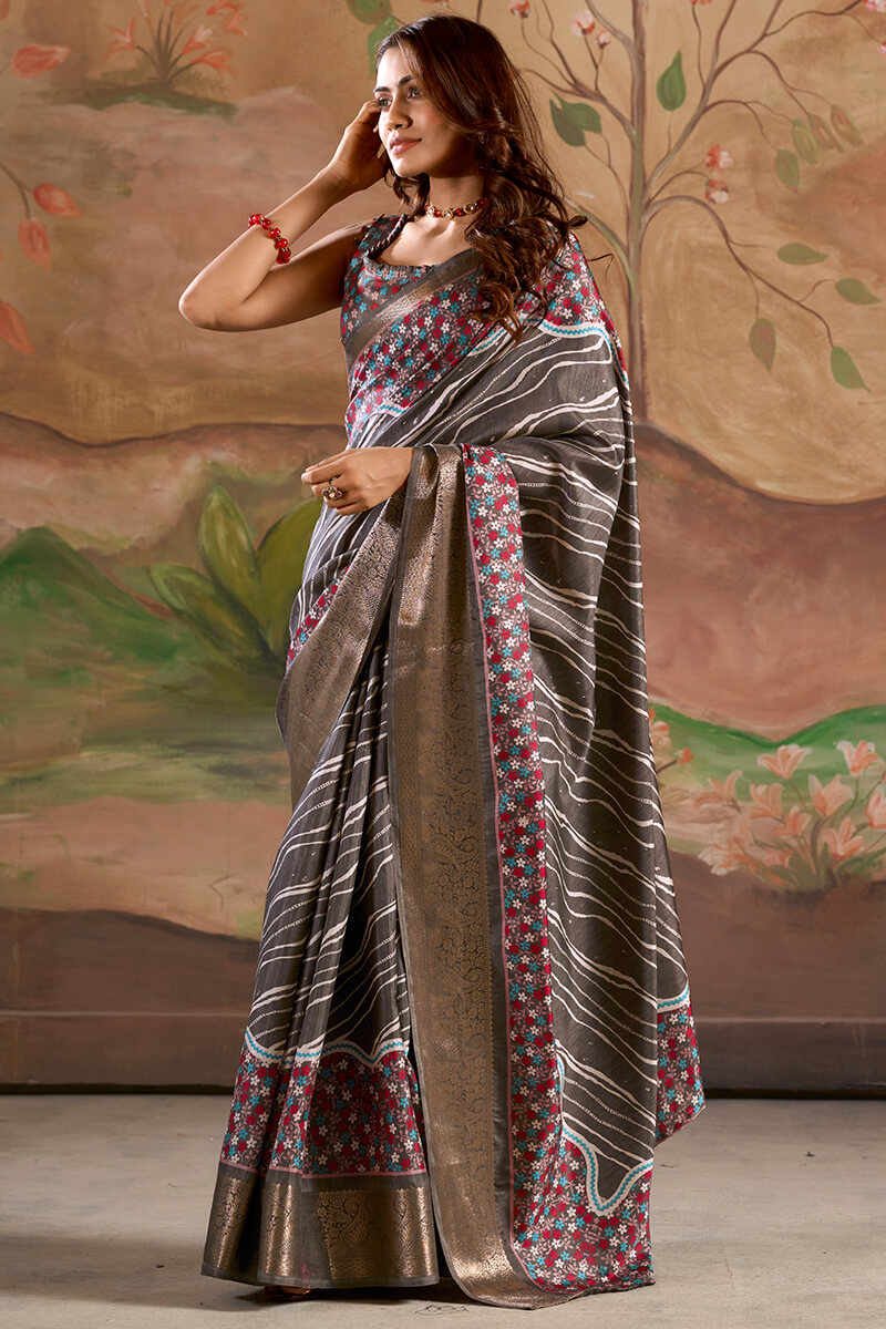 Fuscous Grey Printed Dola Silk Saree