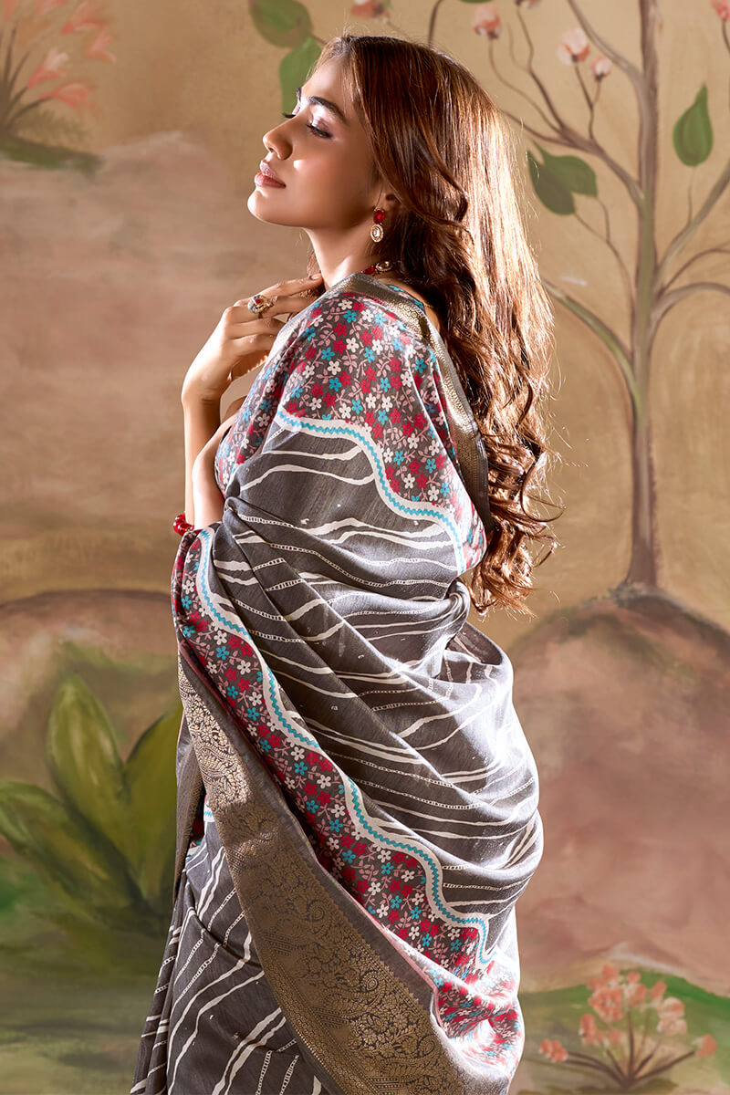 Fuscous Grey Printed Dola Silk Saree